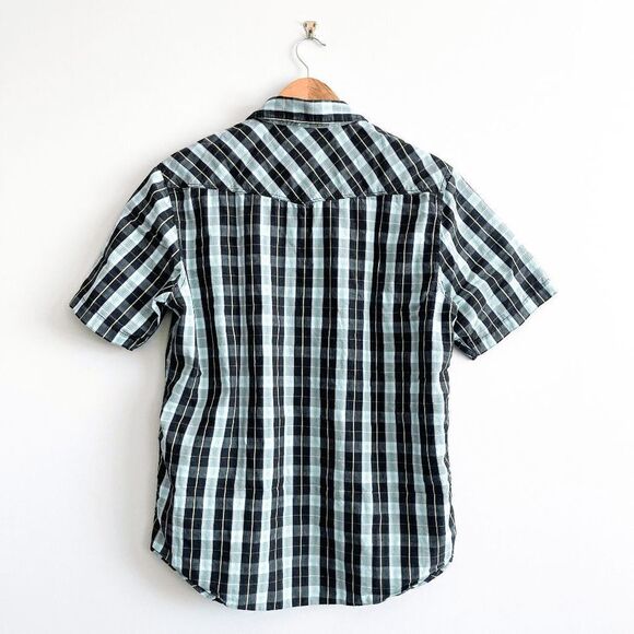 Billabong Mens Casual Button Down Shirt Short Sleeve Plaid Green Black Medium - Picture 2 of 6